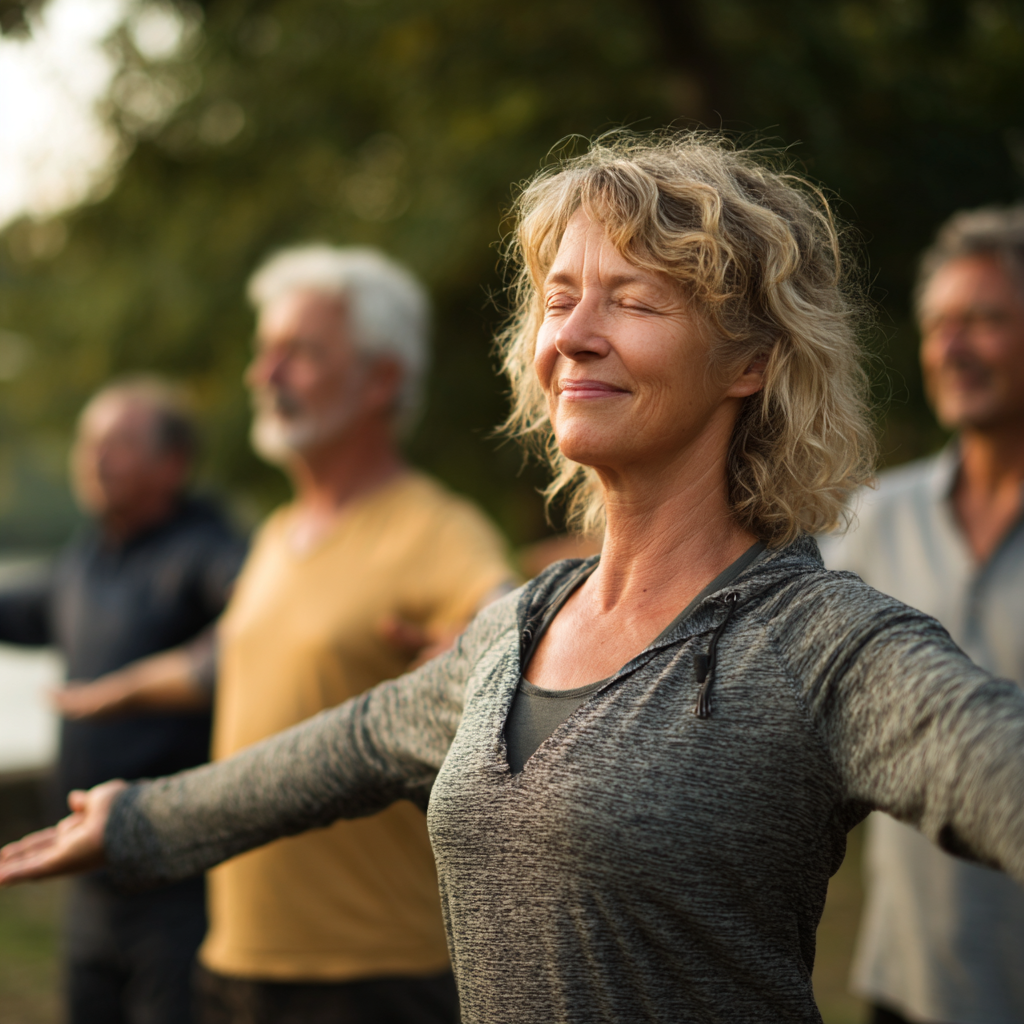 Middle-aged adults practicing gentle movement exercises in natural outdoor setting