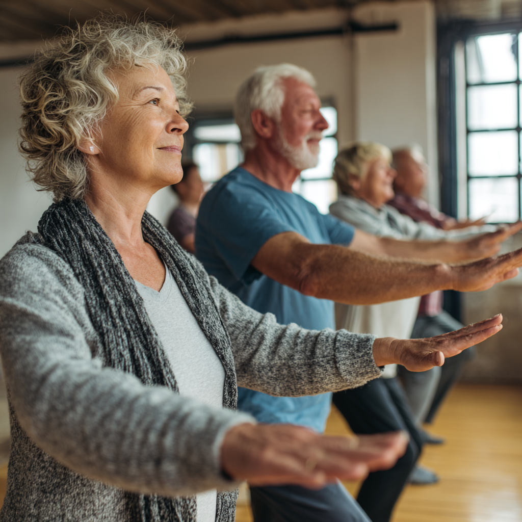 Middle-aged and older adults engaged in gentle movement therapy and mobility exercises